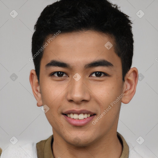 Joyful latino young-adult male with short  black hair and brown eyes