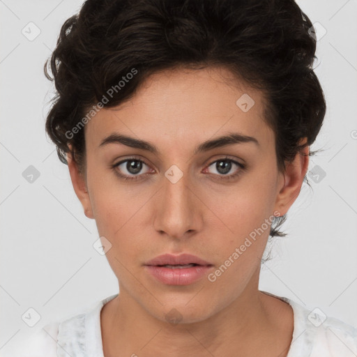 Neutral white young-adult female with short  brown hair and brown eyes