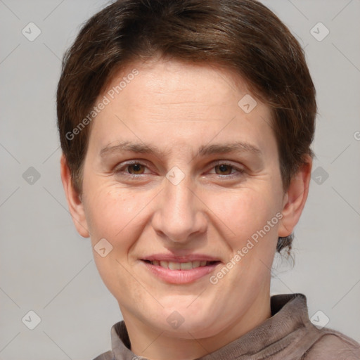 Joyful white adult female with short  brown hair and brown eyes