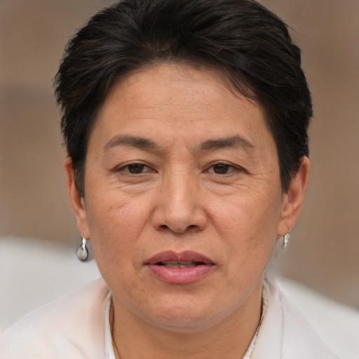Joyful white adult female with short  brown hair and brown eyes