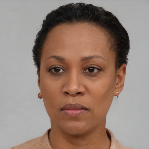 Neutral black adult female with short  black hair and brown eyes