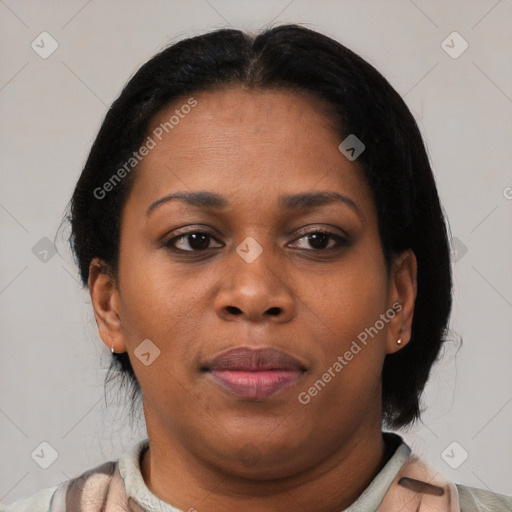 Neutral black young-adult female with short  brown hair and brown eyes