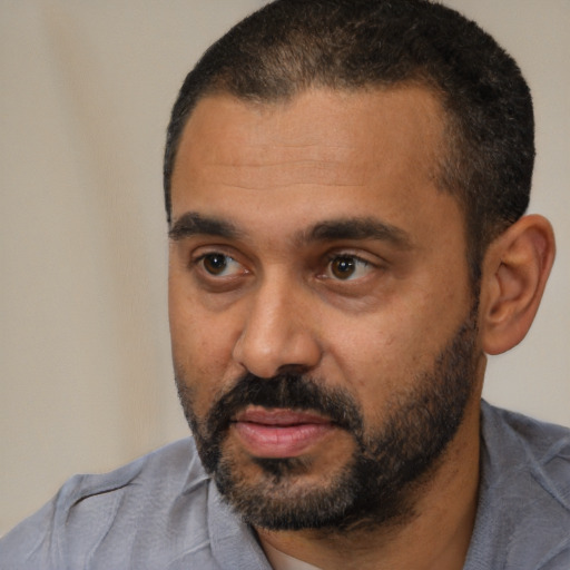Neutral black adult male with short  black hair and brown eyes