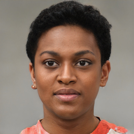 Neutral black young-adult female with short  black hair and brown eyes