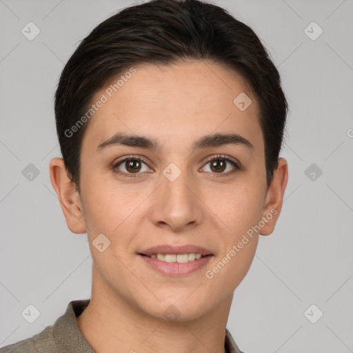 Joyful white young-adult female with short  brown hair and brown eyes