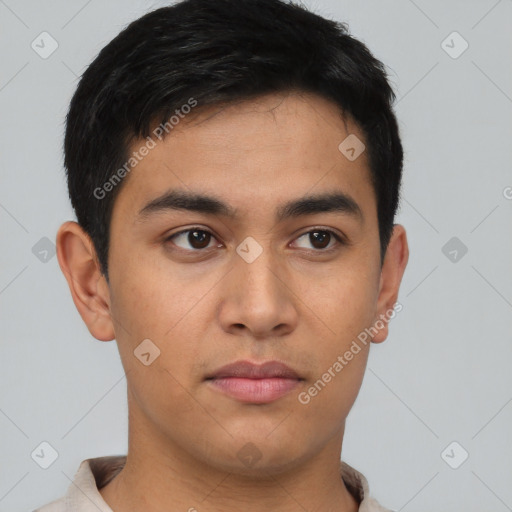 Neutral asian young-adult male with short  black hair and brown eyes