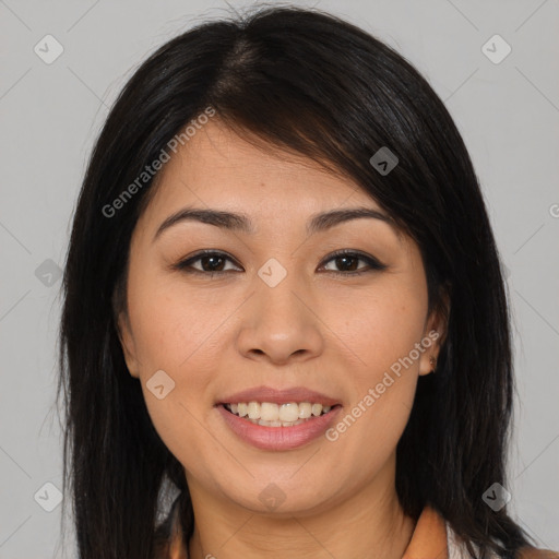 Joyful asian young-adult female with medium  brown hair and brown eyes