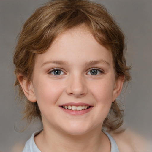 Joyful white child female with medium  brown hair and blue eyes