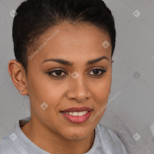 Joyful latino young-adult female with short  brown hair and brown eyes