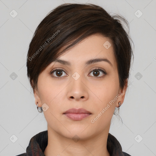 Neutral white young-adult female with medium  brown hair and brown eyes