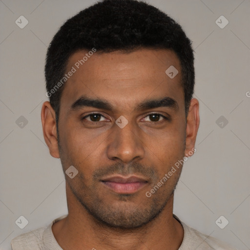 Neutral latino young-adult male with short  black hair and brown eyes