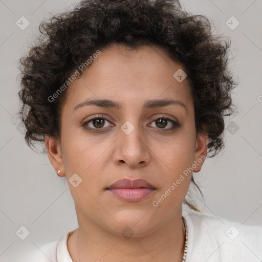 Neutral white young-adult female with short  brown hair and brown eyes