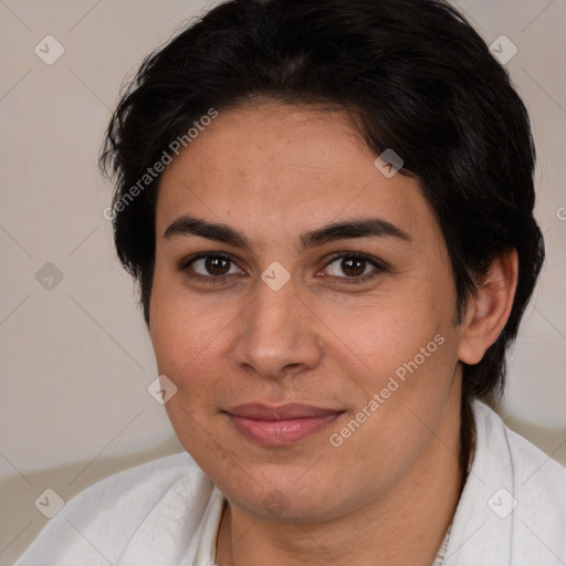 Joyful white young-adult female with medium  brown hair and brown eyes