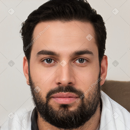 Neutral white young-adult male with short  brown hair and brown eyes