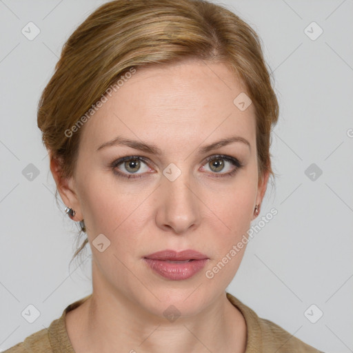 Joyful white young-adult female with medium  brown hair and blue eyes