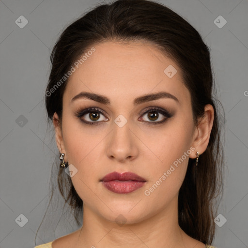 Neutral white young-adult female with medium  brown hair and brown eyes