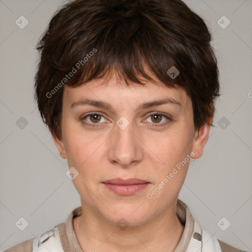 Neutral white young-adult female with short  brown hair and brown eyes