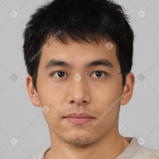 Neutral asian young-adult male with short  brown hair and brown eyes