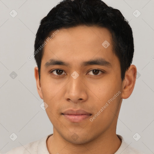 Neutral asian young-adult male with short  black hair and brown eyes