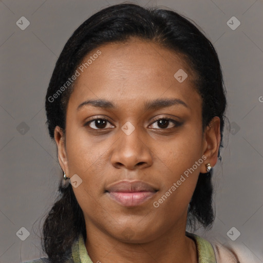 Joyful black young-adult female with medium  brown hair and brown eyes