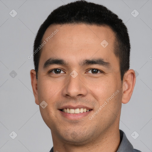 Joyful white young-adult male with short  black hair and brown eyes