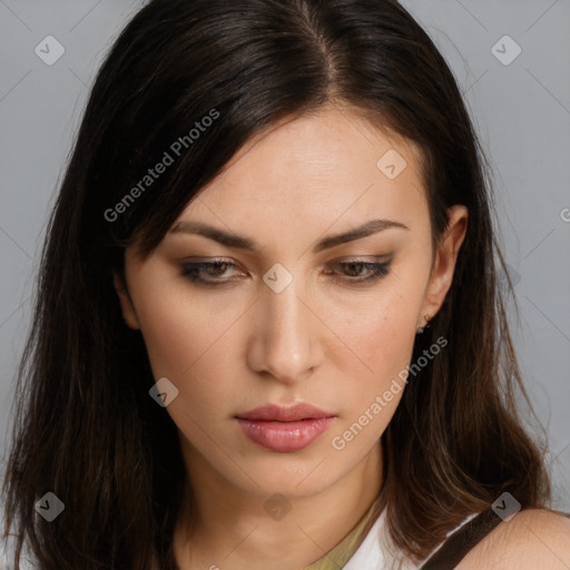 Neutral white young-adult female with long  brown hair and brown eyes