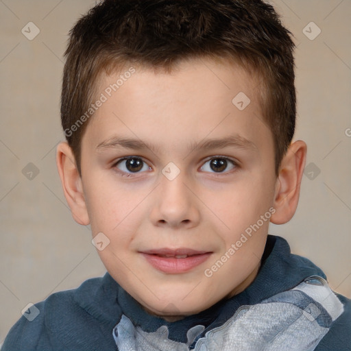 Joyful white child male with short  brown hair and brown eyes