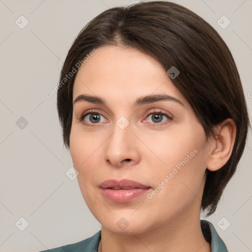 Neutral white young-adult female with medium  brown hair and brown eyes