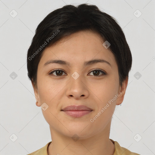 Joyful asian young-adult female with short  brown hair and brown eyes