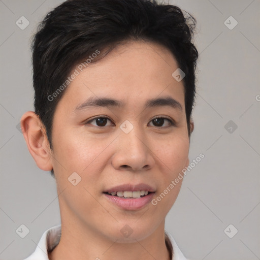 Joyful asian young-adult male with short  brown hair and brown eyes