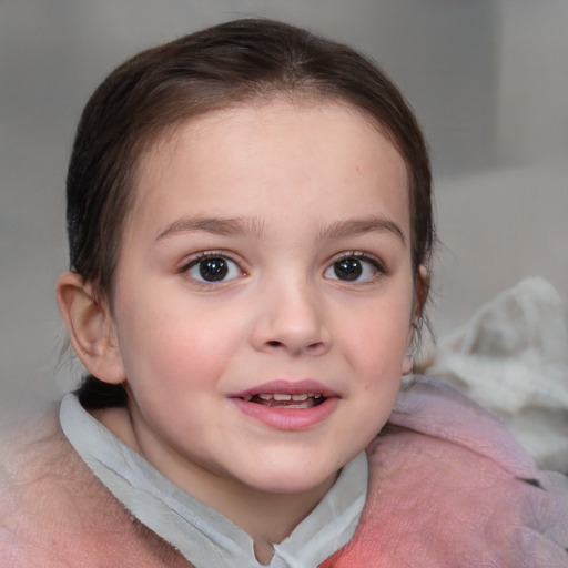 Joyful white child female with medium  brown hair and blue eyes