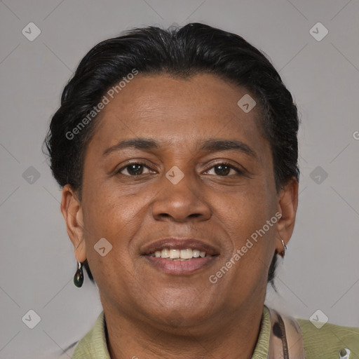 Joyful black adult female with short  brown hair and brown eyes