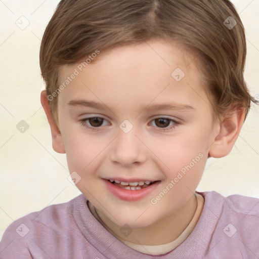 Joyful white child female with short  brown hair and brown eyes