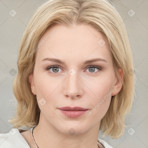 Neutral white young-adult female with medium  brown hair and blue eyes