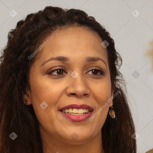 Joyful white adult female with long  brown hair and brown eyes