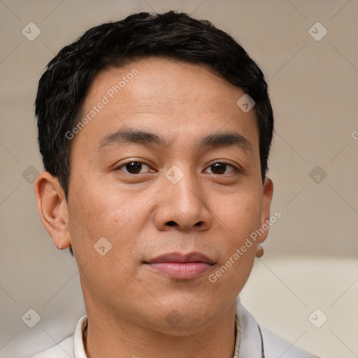 Joyful white young-adult male with short  black hair and brown eyes