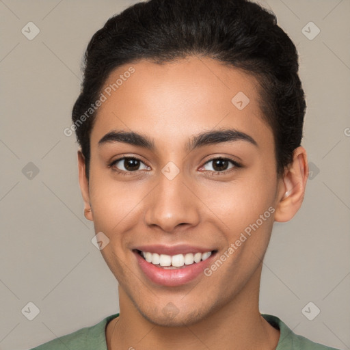 Joyful white young-adult female with short  brown hair and brown eyes