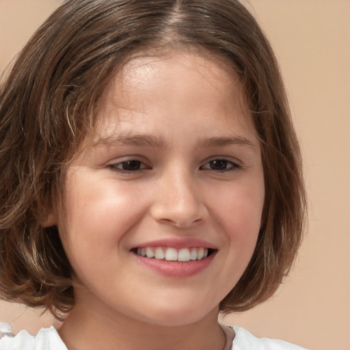 Joyful white child female with medium  brown hair and brown eyes