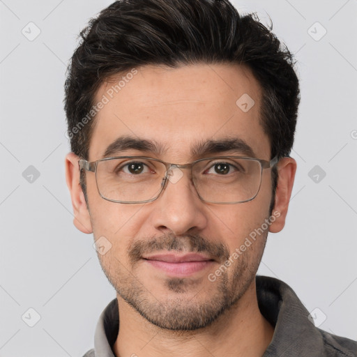 Joyful white adult male with short  brown hair and brown eyes