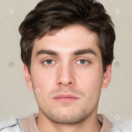 Neutral white young-adult male with short  brown hair and brown eyes