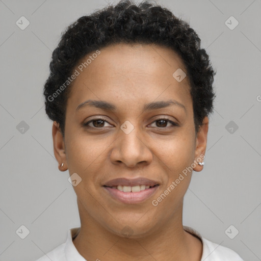 Joyful latino young-adult female with short  brown hair and brown eyes