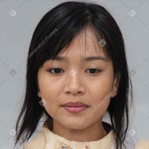 Neutral asian young-adult female with medium  black hair and brown eyes