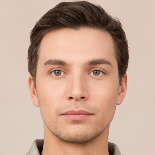 Neutral white young-adult male with short  brown hair and brown eyes