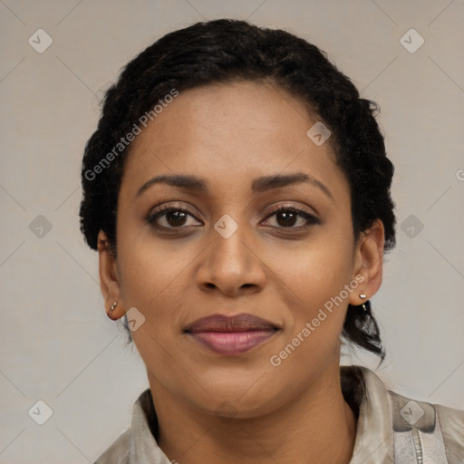 Joyful latino young-adult female with short  black hair and brown eyes