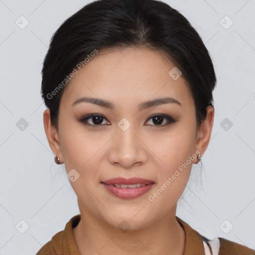 Joyful asian young-adult female with medium  brown hair and brown eyes