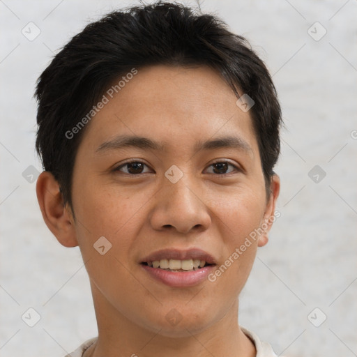 Joyful asian young-adult male with short  brown hair and brown eyes