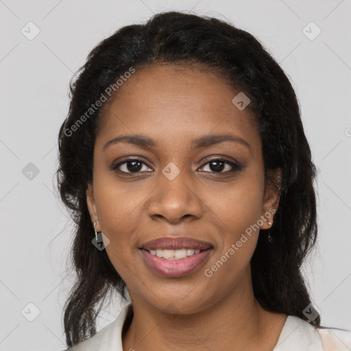 Joyful black young-adult female with medium  brown hair and brown eyes