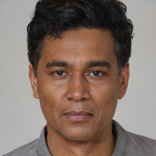 Neutral latino adult male with short  black hair and brown eyes