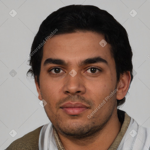 Neutral latino young-adult male with short  black hair and brown eyes