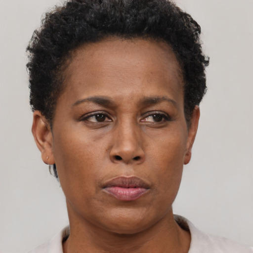 Neutral black young-adult female with short  brown hair and brown eyes